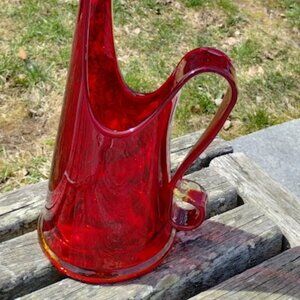 Vintage Red Glass Candle Holder – Mid-Century Modern Ewer Pitcher Shape MCM–